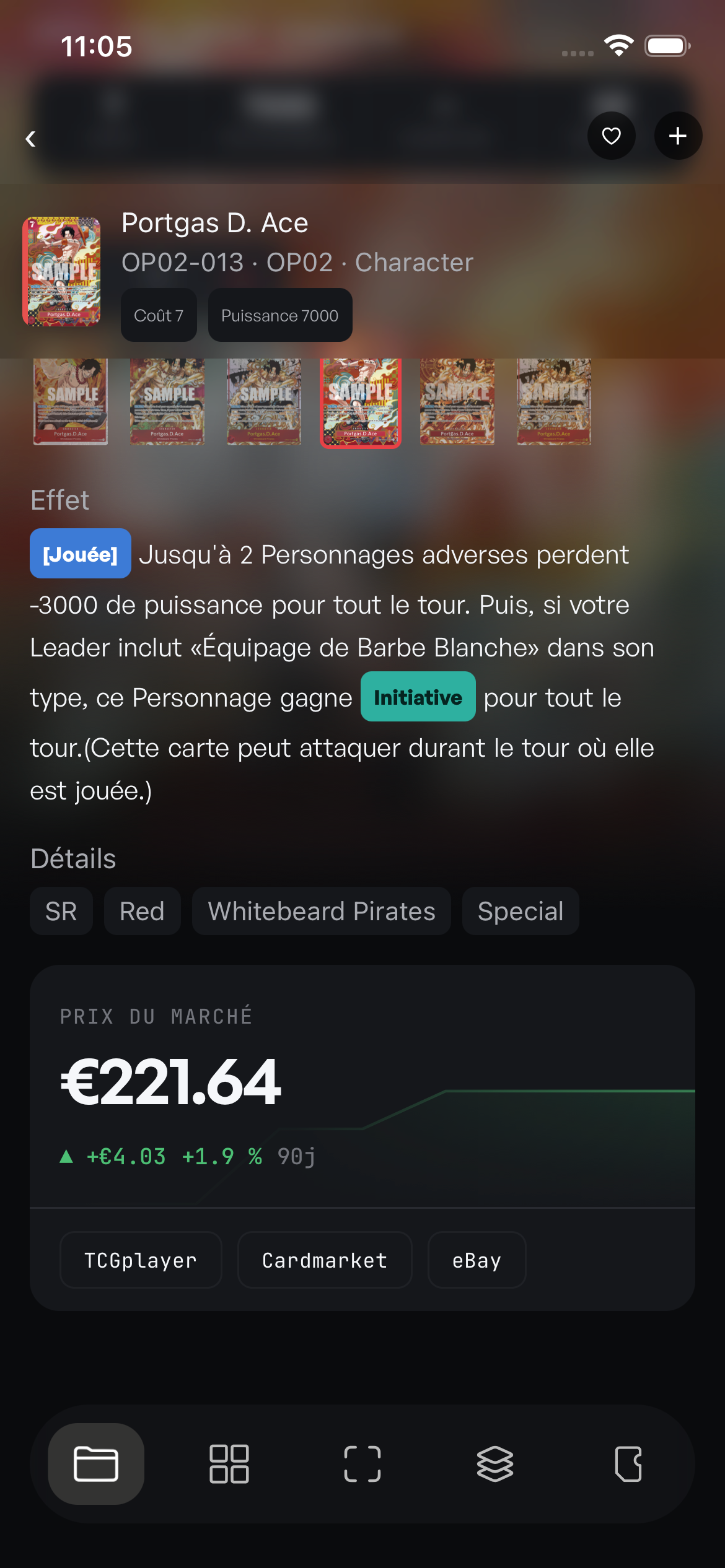Prix et historique d'une carte dans Oplio